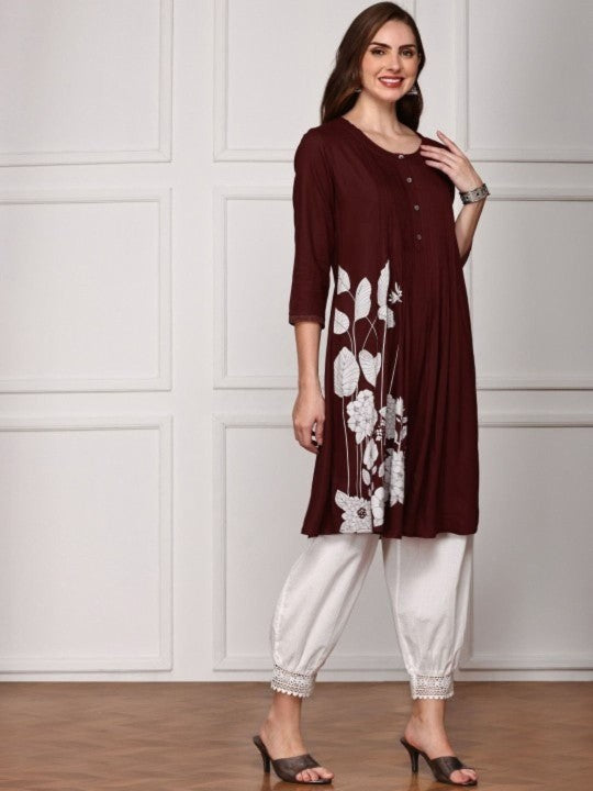 Comfy Maroon Viscose Rayon Floral Printed Aline Fit Kurta