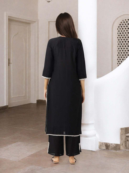 Ishin Women Black Roman Silk 2Pcs Kurta Set