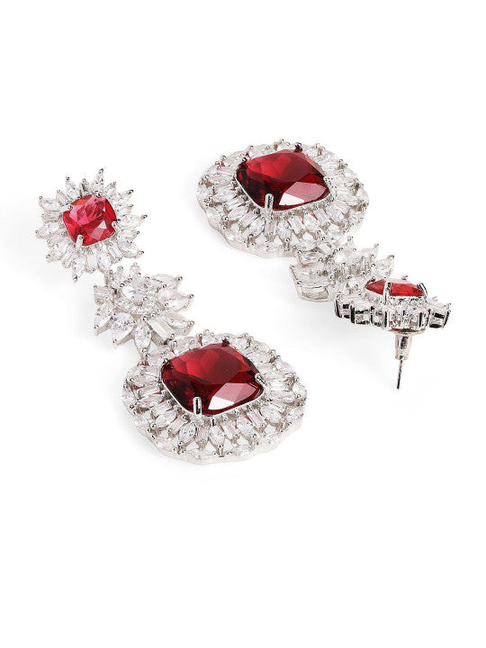 Ishin Red  Colour Silver Plated American Diamond Jewellery Set