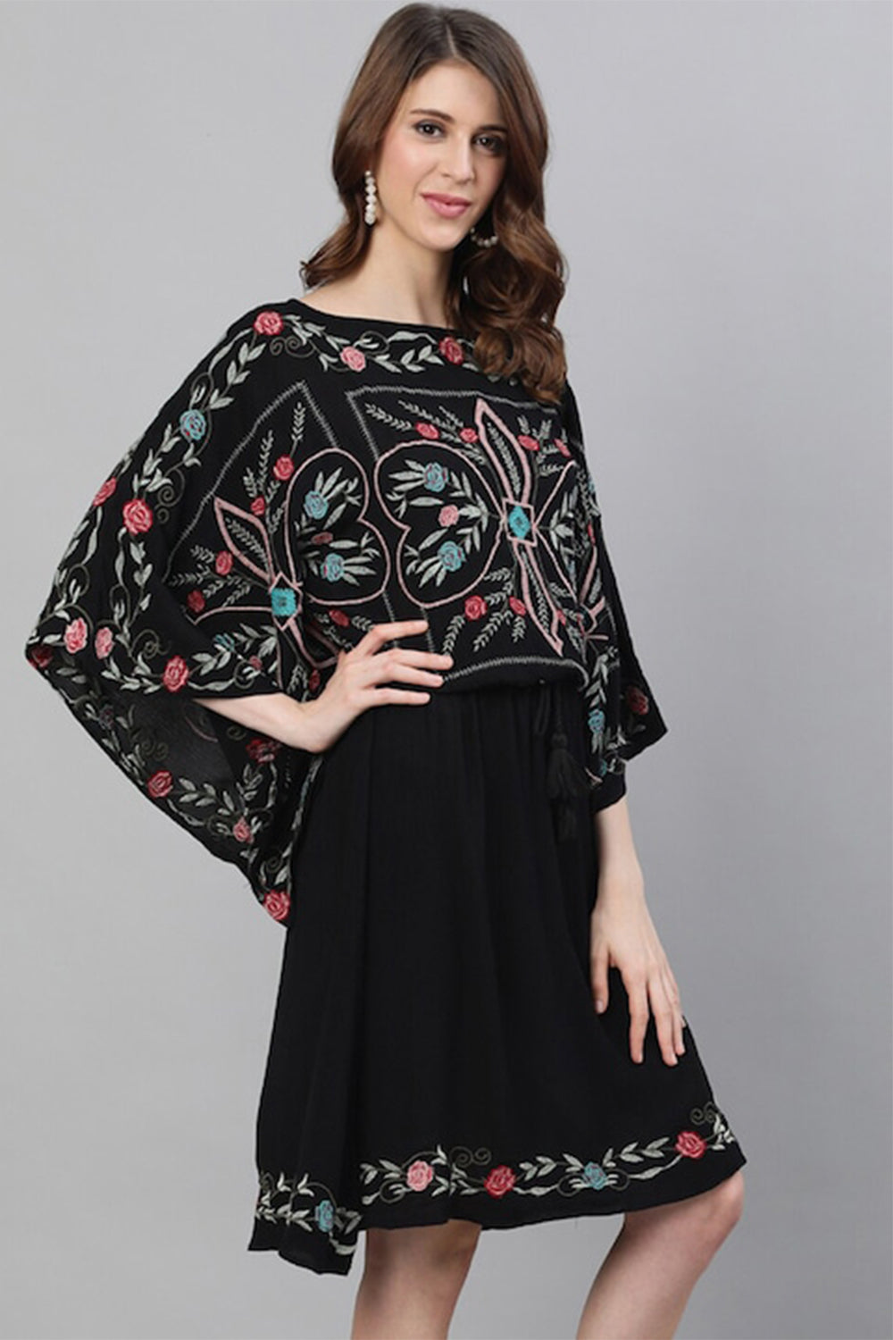 Ishin Black Ethnic Motifs Embroidered Kaftan Dress
