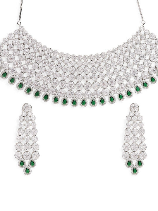 Ishin Green  Colour Silver Plated American Diamond Jewellery Set