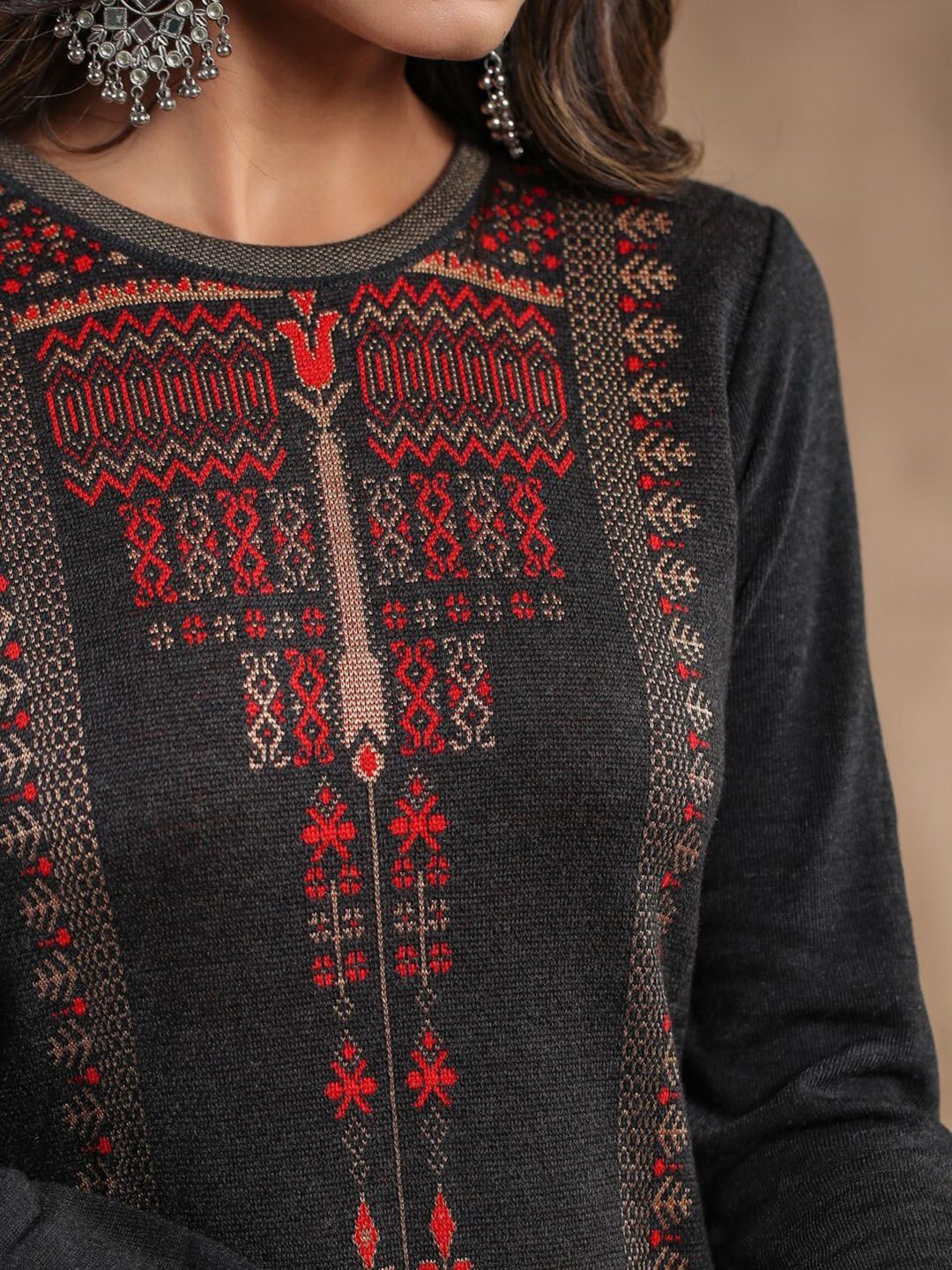 Warm Charcoal Acrylic Ethnic Motif Printed Kurta Set With Jacquard Knitted Design