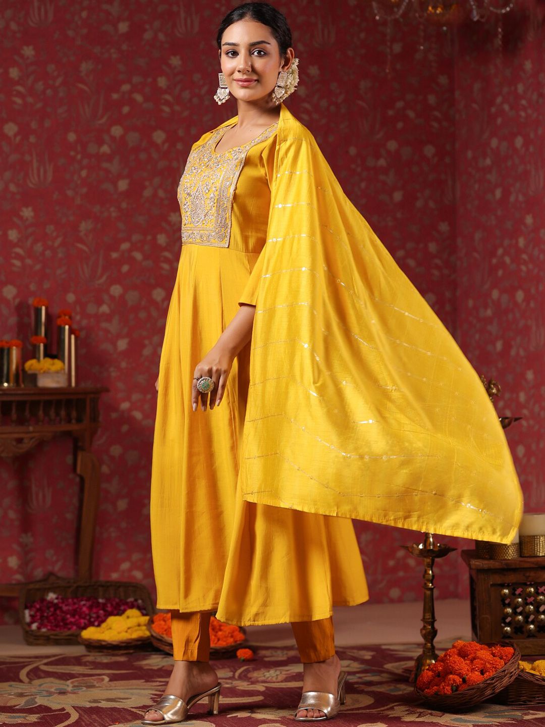 Rich Mustard Poly Silk Embroidered Anarkali Kurta With Straight Bottom And Sheer Voile Dupatta