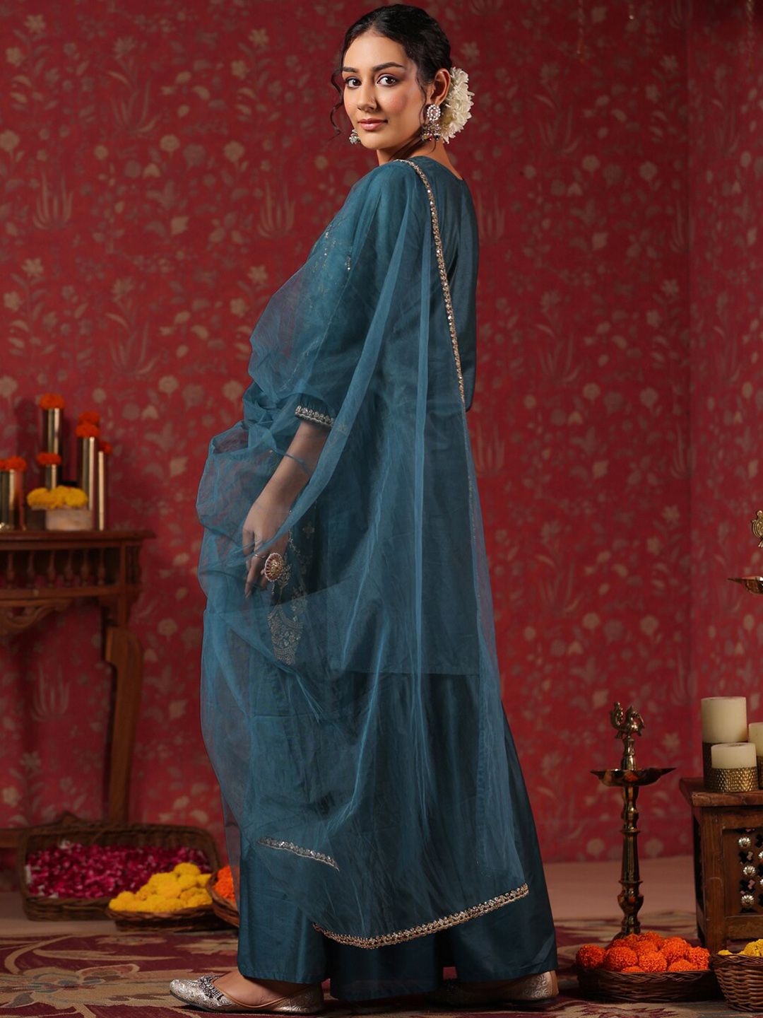 Rich Poly Silk Teal Embroidered Kurta Set With Sharara Bottom And Sheer Voile Dupatta