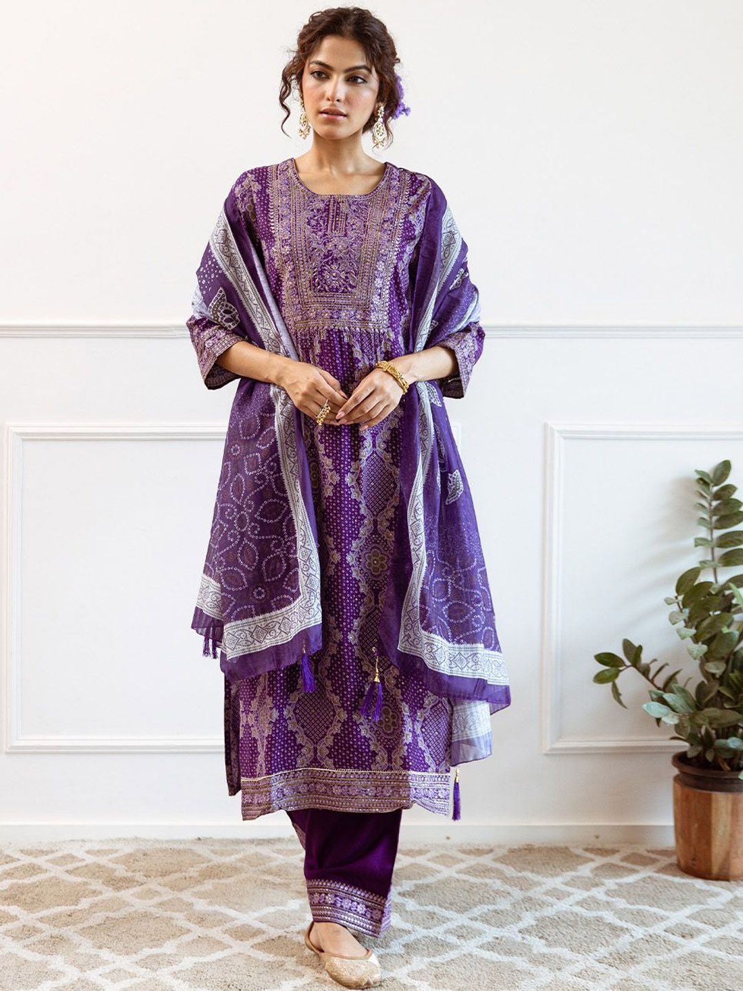 Rich Purple Modal Muslin Zari Embroidered Straight Fit Kurta Set With Straight Bottom & Soft Printed Dupatt