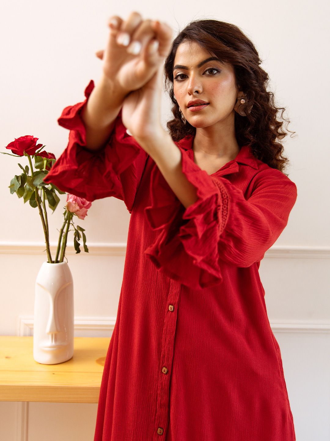 Comfy Viscose Red Solid A-Line Kurta Set With Shirt Collar And Straight Bottom