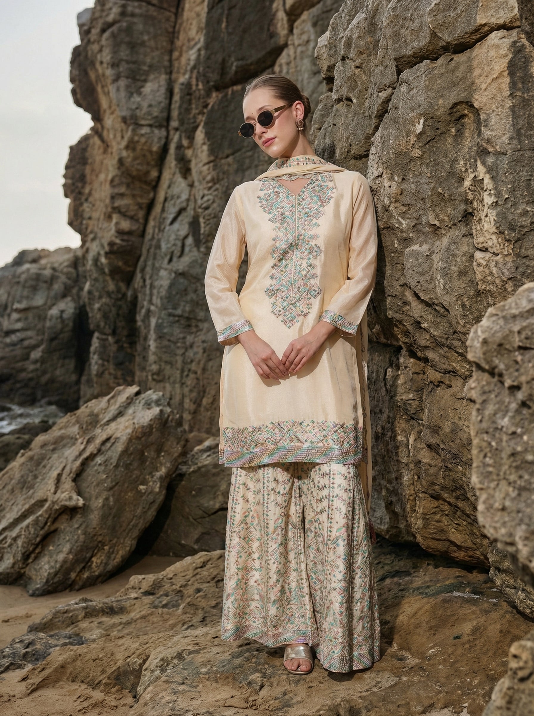 Rich Off White Embroidered Kurta and sharara set