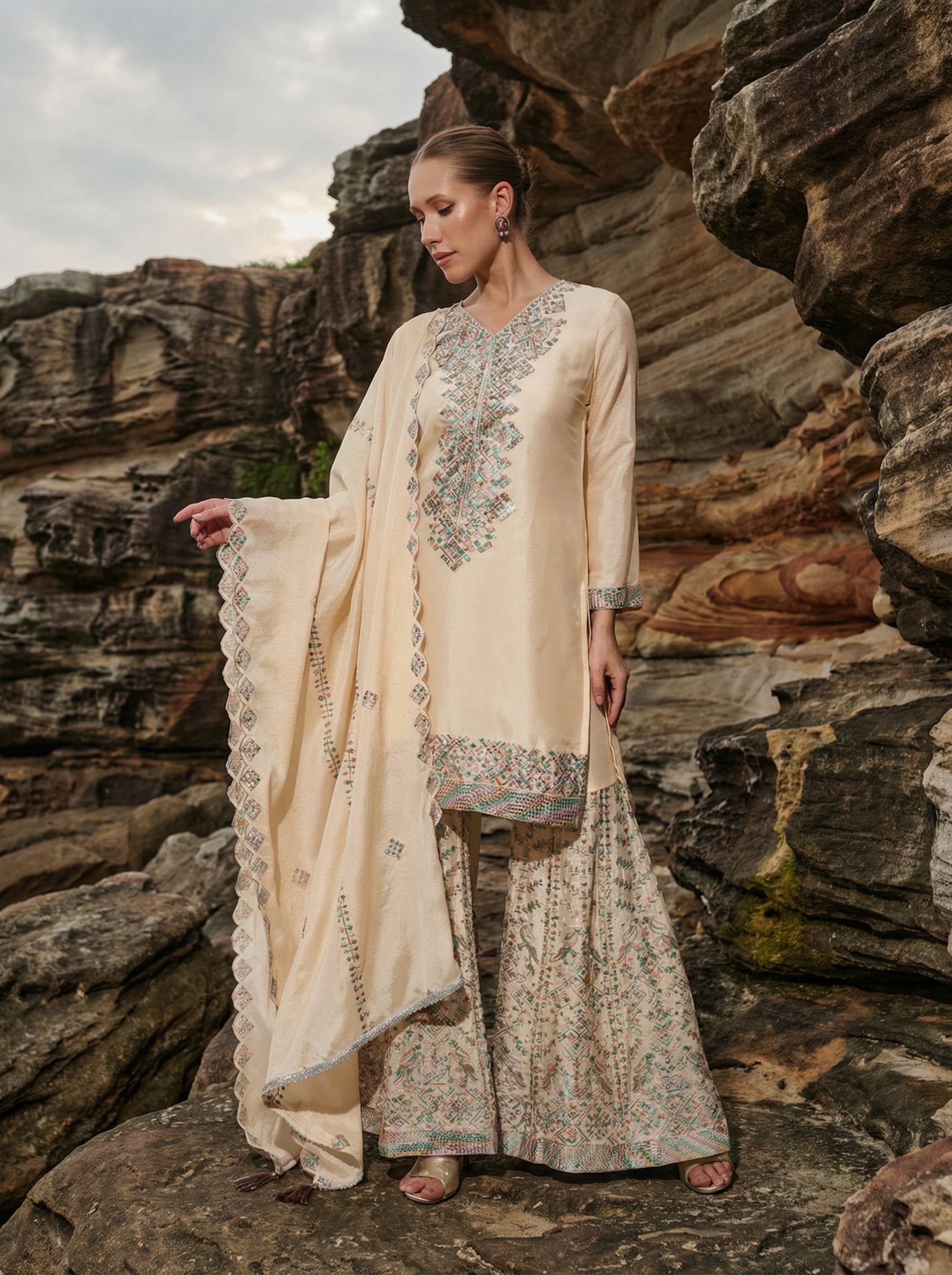Rich Off White Embroidered Kurta and sharara set