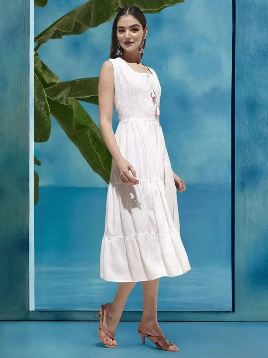 Comfy White Cotton Blend Solid Tiered Dress With Floral Printed Jacket