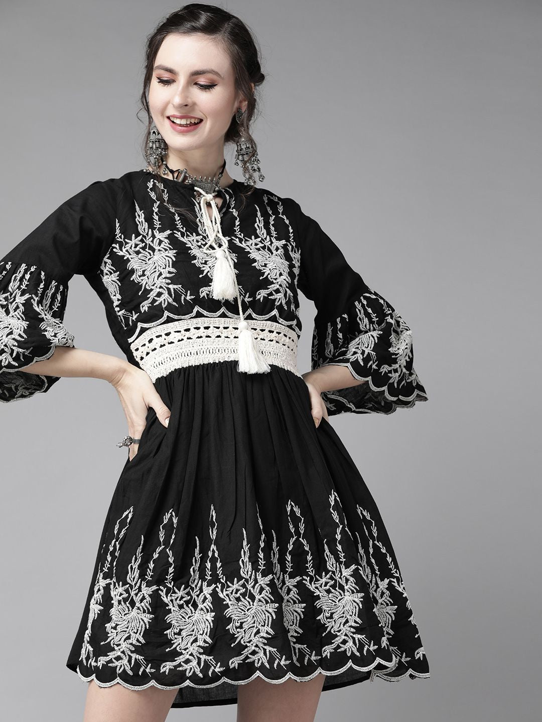 Comfy Black Cotton Embroidered Fit & Flare Dress With Bell Sleeves And