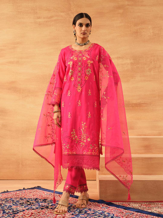 Ishin Women Pink Roman Silk 3Pcs Kurta Set