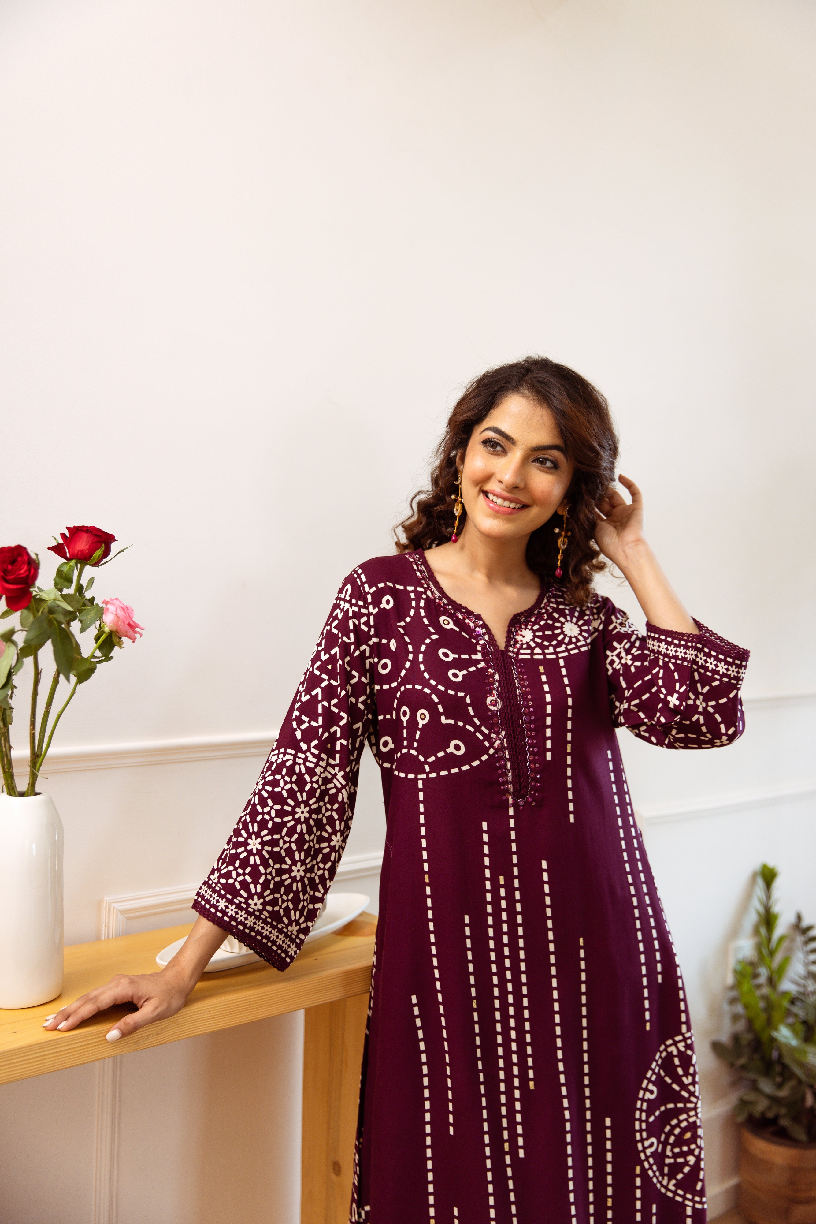 Comfy Wine Viscose Rayon Floral Printed A-Line Kurta Set With Palazzo Bottom