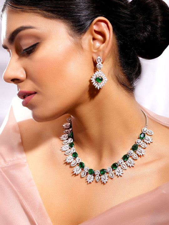 Ishin Green  Colour Silver Plated American Diamond Jewellery Set