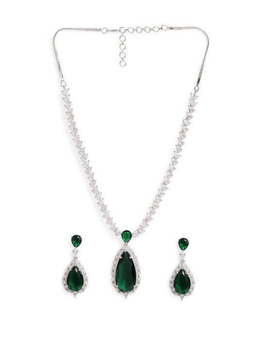 Ishin Green  Colour Silver Plated American Diamond Jewellery Set