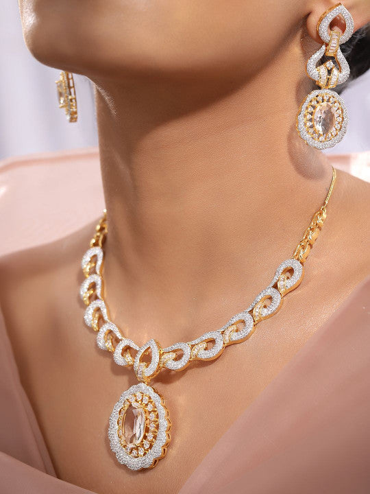 Ishin White  Colour Gold Plated American Diamond Jewellery Set
