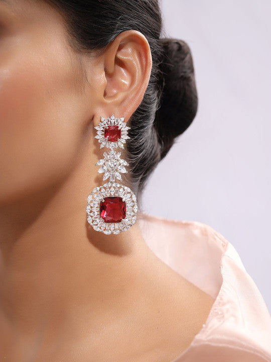 Ishin Red Colour Silver Plated American Diamond Drop Earring