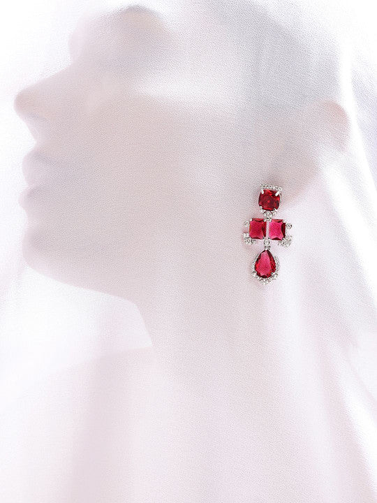 Ishin Red  Colour Silver Plated American Diamond Jewellery Set