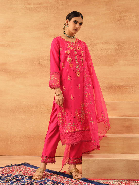 Ishin Women Pink Roman Silk 3Pcs Kurta Set