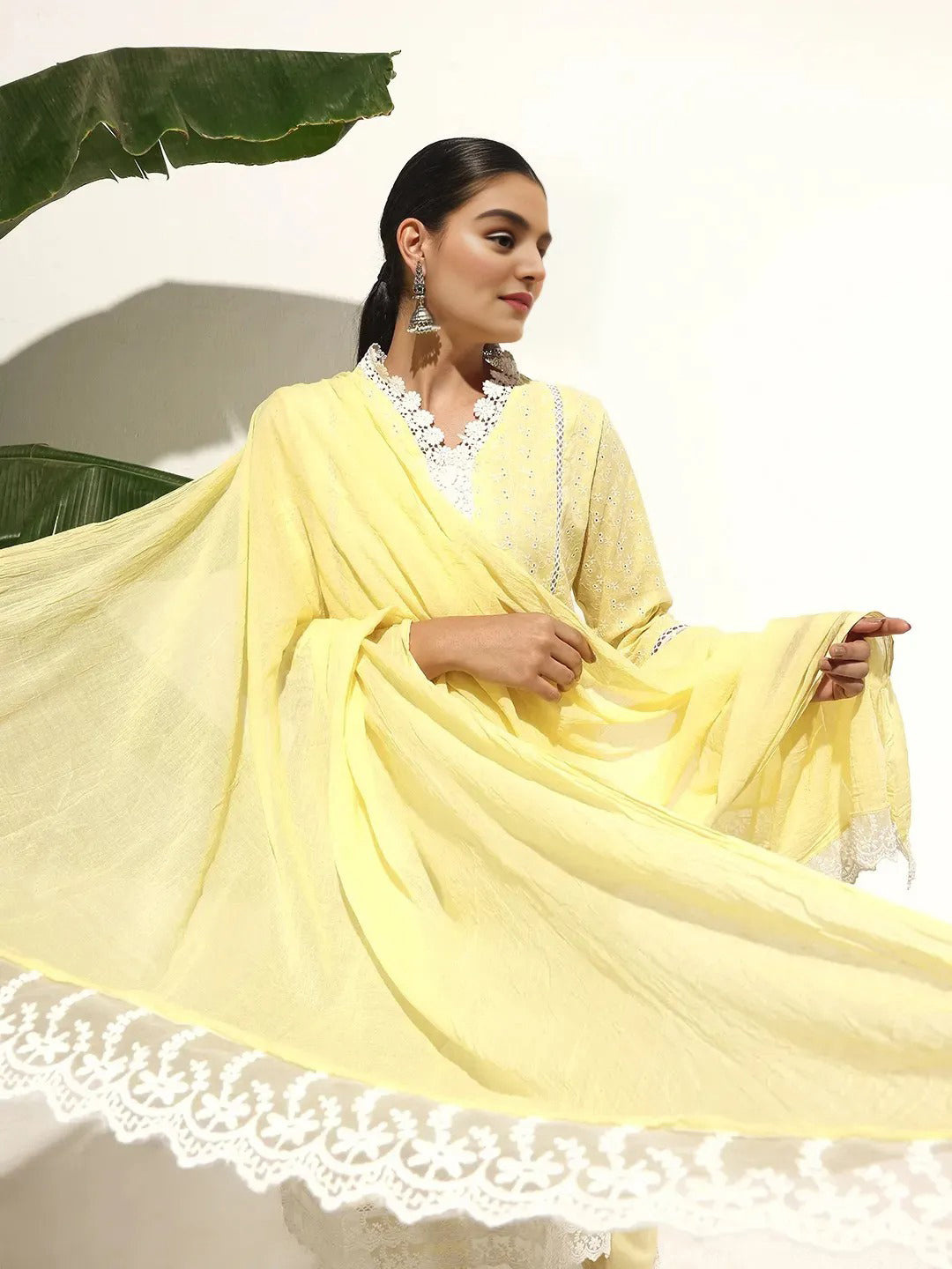 Graceful Yellow Cotton Schiffli Straight Fit  Kurta Set with floral Lace dupatta
