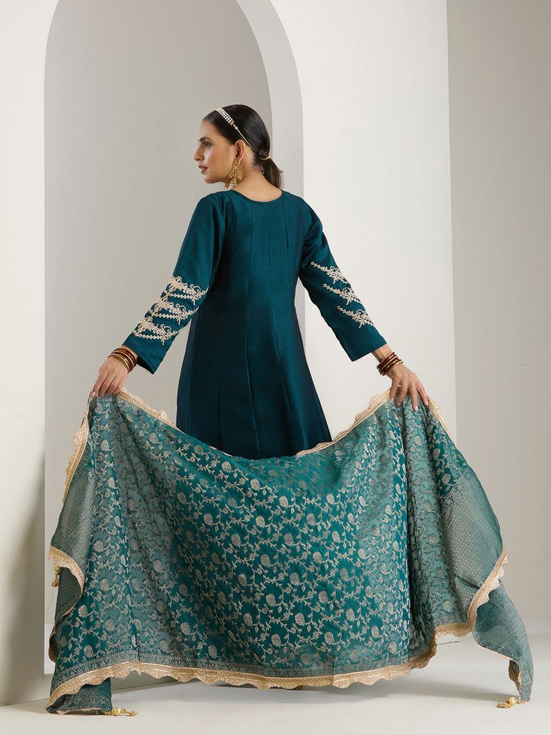Rich Blended Green Zari Embroidered Anarkali Dress With Brocade Dupatta And Latkhans