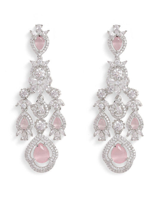 Ishin Pink Colour Silver Plated American Diamond Drop Earring