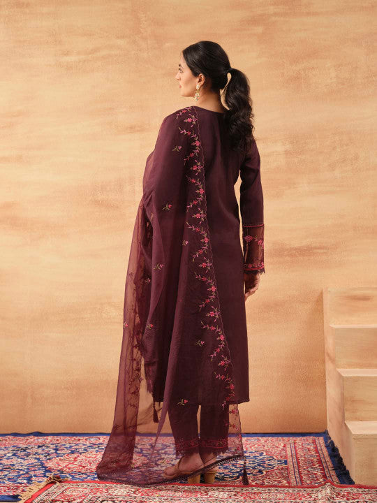 Ishin Women Wine Roman Silk 3Pcs Kurta Set