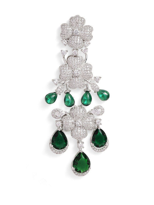 Ishin Green Colour Silver Plated American Diamond Drop Earring