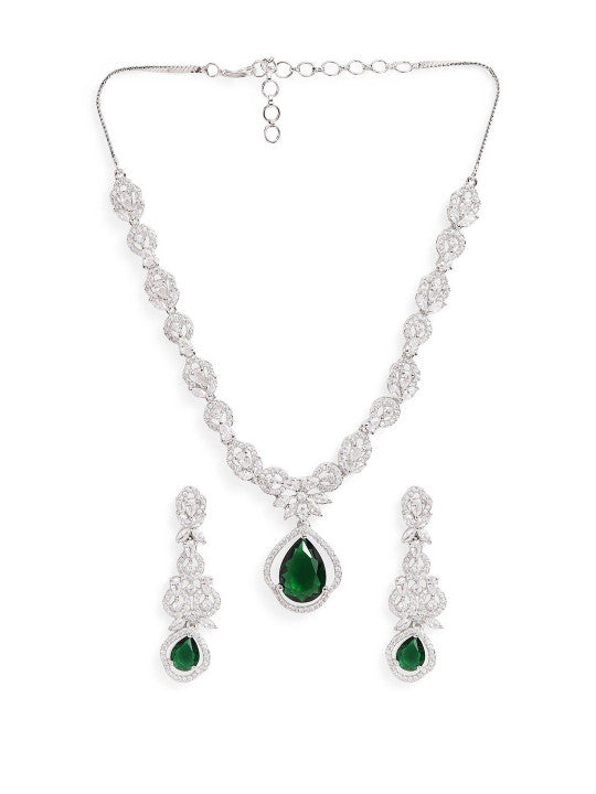 Ishin Green  Colour Silver Plated American Diamond Jewellery Set