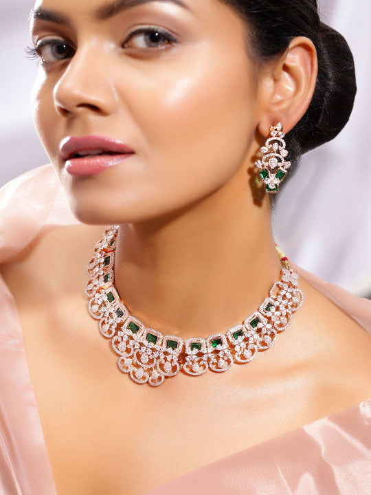 Ishin Green  Colour Rose Gold Plated American Diamond Jewellery Set
