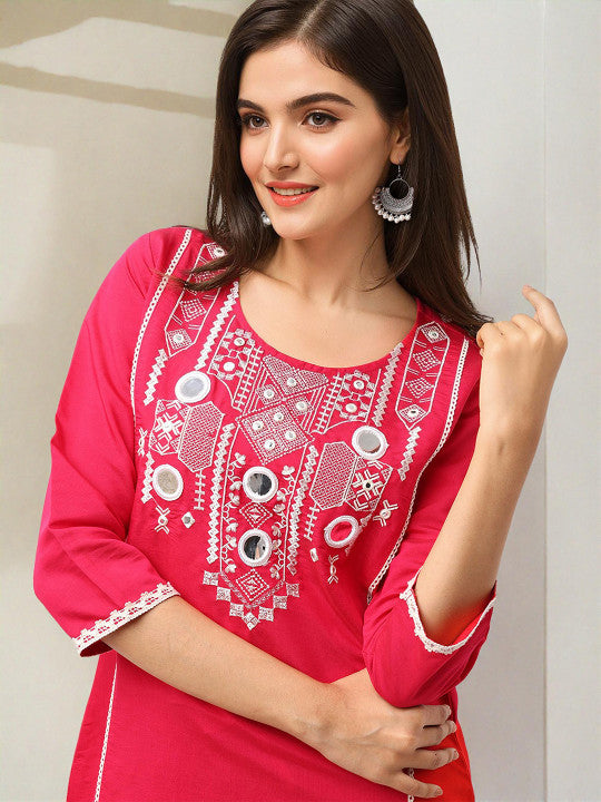 Ishin Women Pink Roman Silk 2Pcs Kurta Set