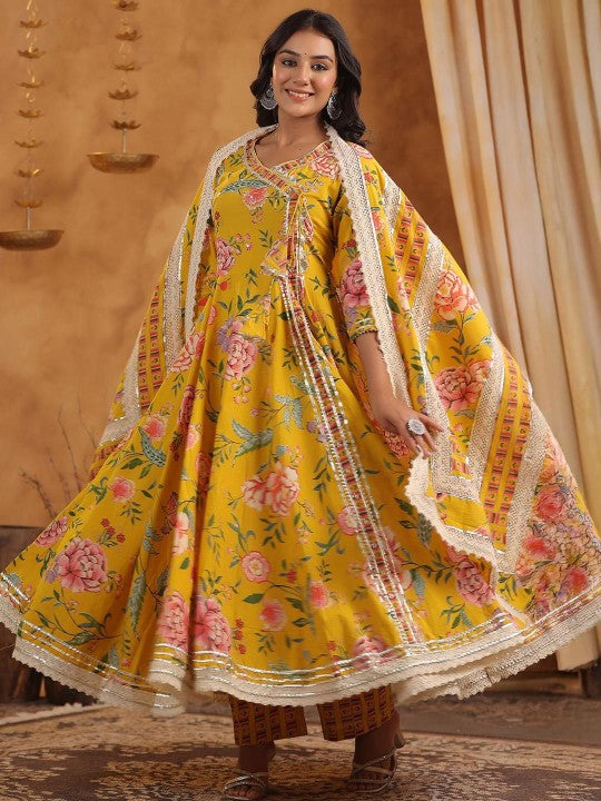 Graceful Yellow Cotton Floral Printed & Embroidered Angrakha Fit Kurta Set With Dupatta