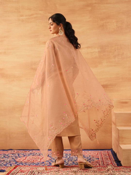 Ishin Women Brown Roman Silk 3Pcs Kurta Set