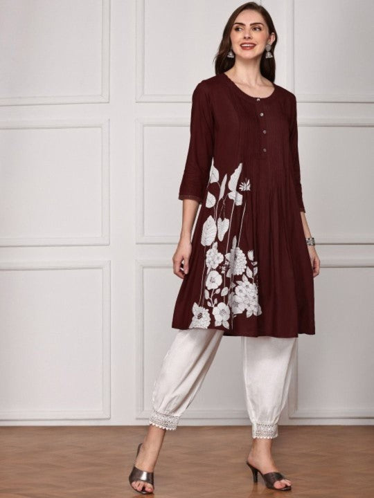 Comfy Maroon Viscose Rayon Floral Printed Aline Fit Kurta