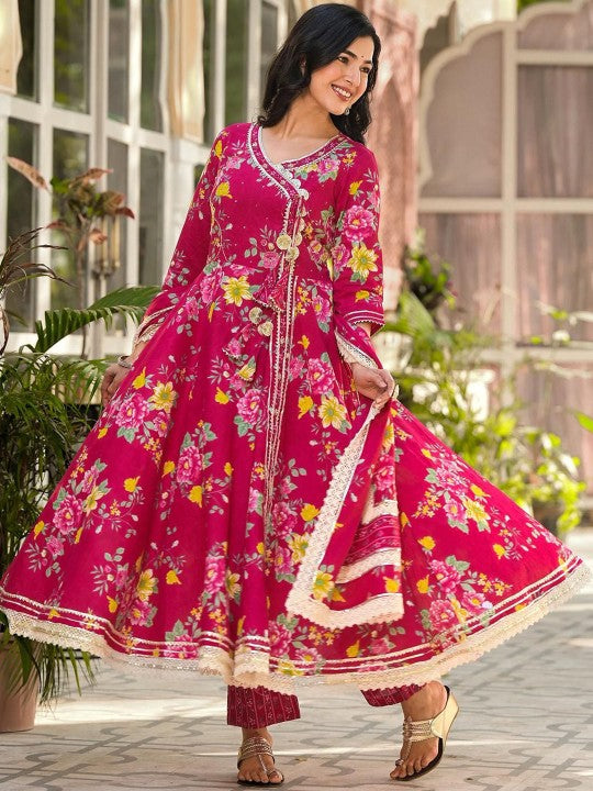 Graceful Pink Cotton Floral Printed & Embroidered Angrakha Fit Kurta Set With Dupatta
