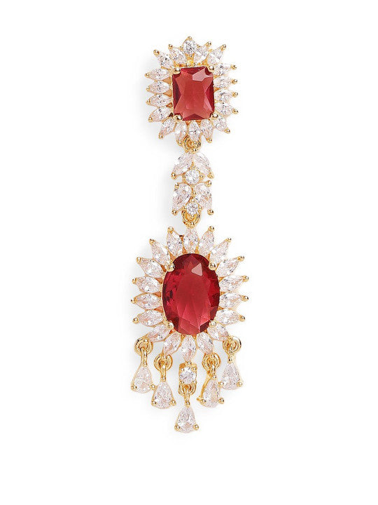 Ishin Red Colour Gold Plated American Diamond Drop Earring