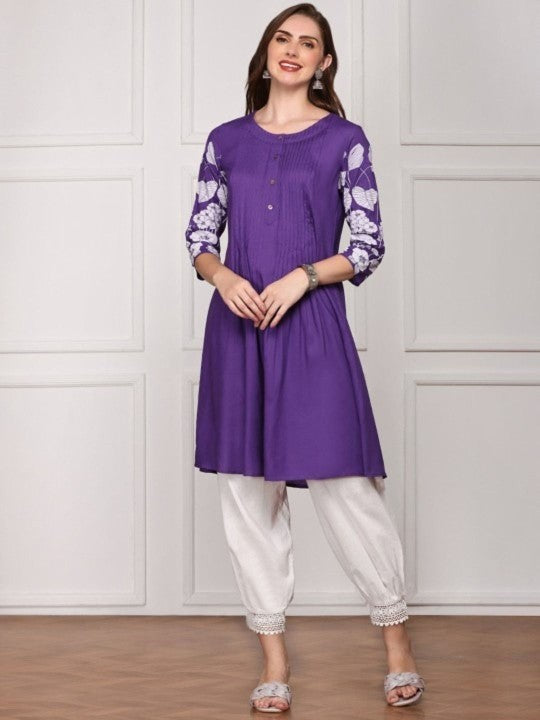 Comfy Purple Viscose Rayon Floral Printed Aline Fit Kurta