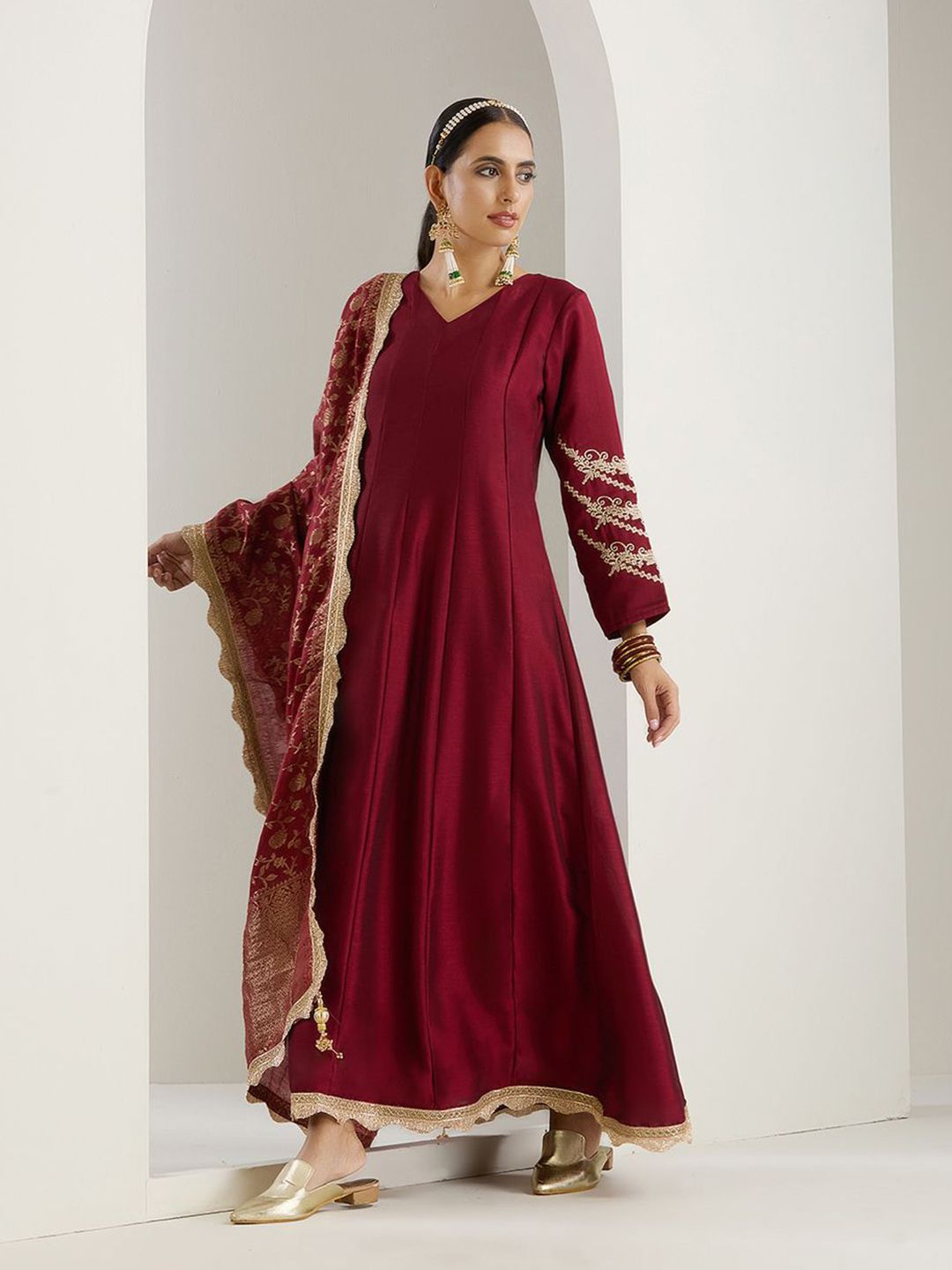 Rich Blended Burgundy Zari Embroidered Anarkali Dress With Brocade Dupatta And Latkhans