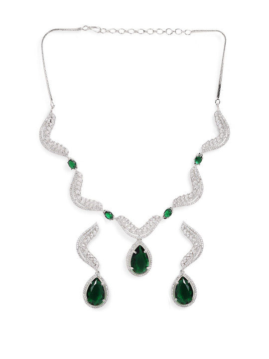 Ishin Green  Colour Silver Plated American Diamond Jewellery Set