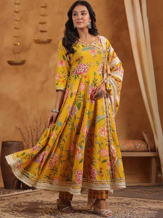 Graceful Yellow Cotton Floral Printed & Embroidered Angrakha Fit Kurta Set With Dupatta