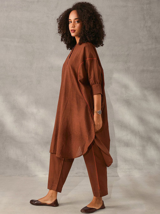 Ishin Comfy Brown Poplin Solid Relaxed Fit Co-ord set
