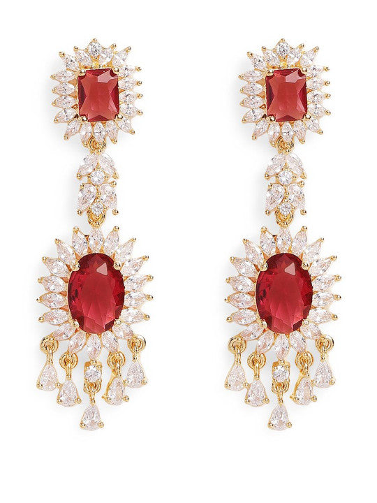 Ishin Red Colour Gold Plated American Diamond Drop Earring