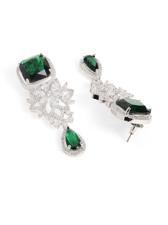 Ishin Green Colour Silver Plated American Diamond Drop Earring