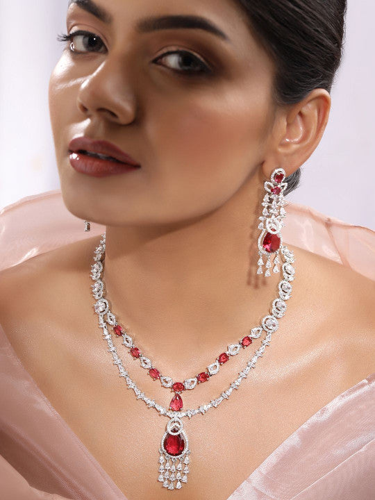 Ishin Red  Colour Silver Plated American Diamond Jewellery Set