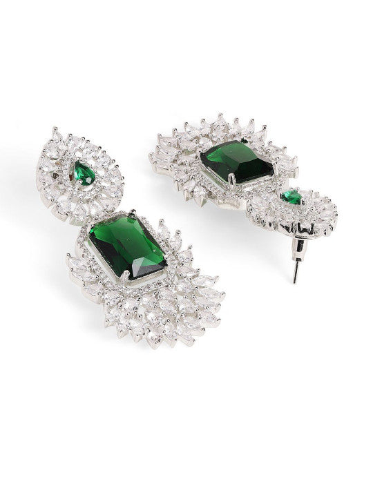 Ishin Green Colour Silver Plated American Diamond Drop Earring