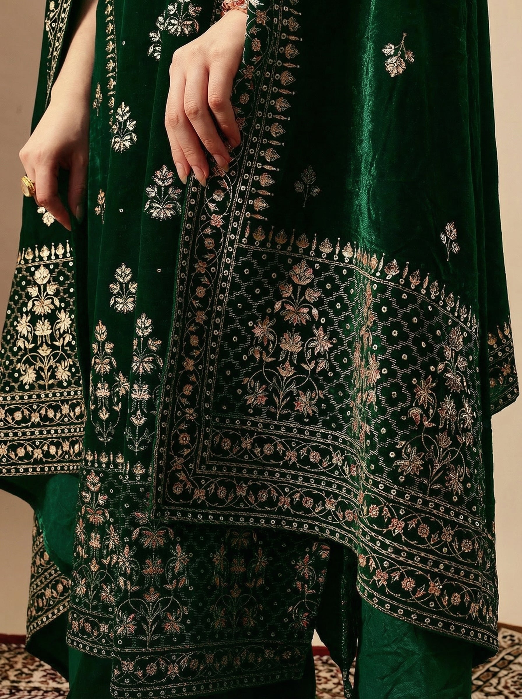 Rich Green Velvet Gold Print Straight Kurta sets with dupatta