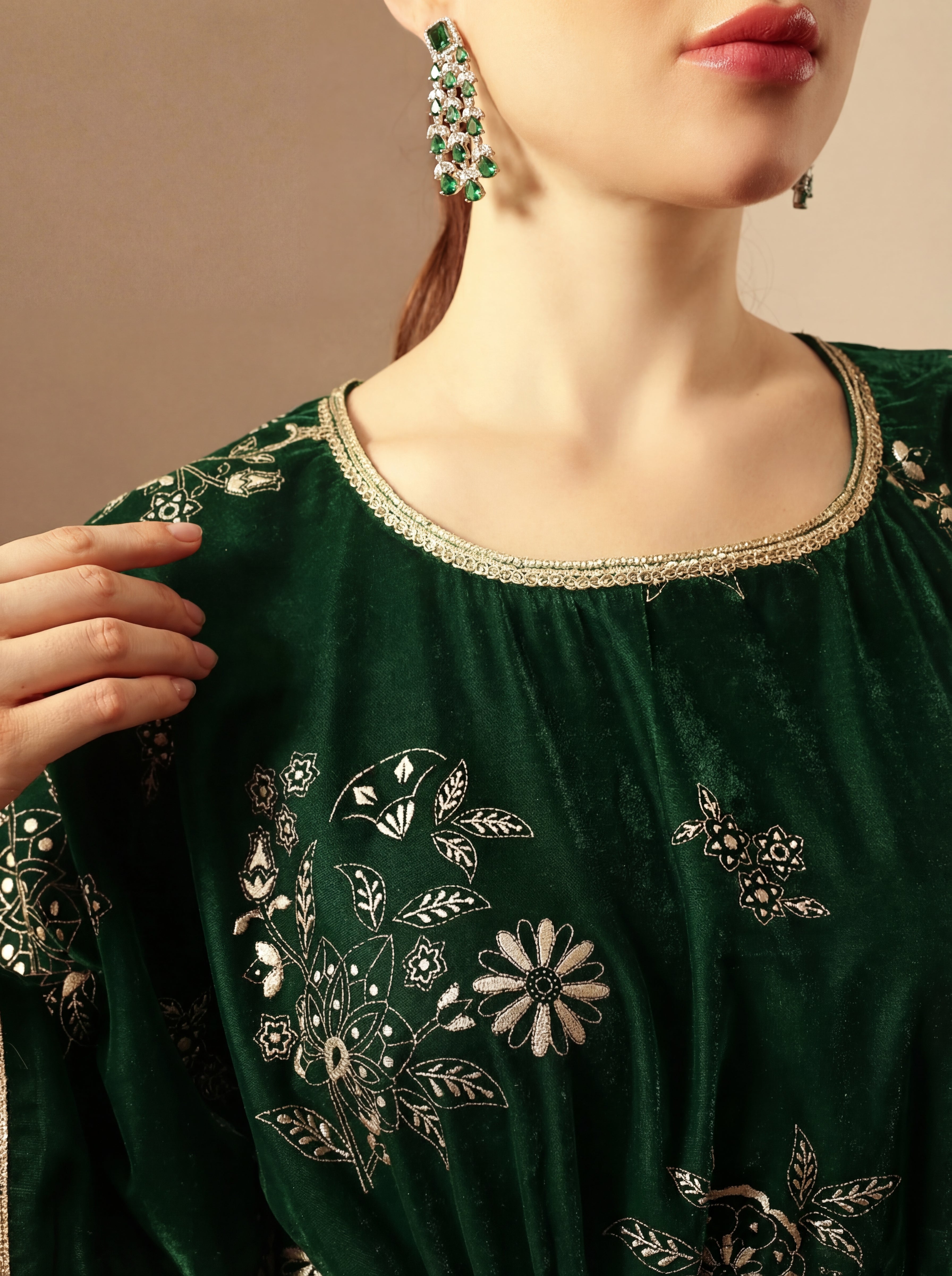 Buy Ananda Kaftan Set Gold Print Velvet Co-Ords - Dark Green