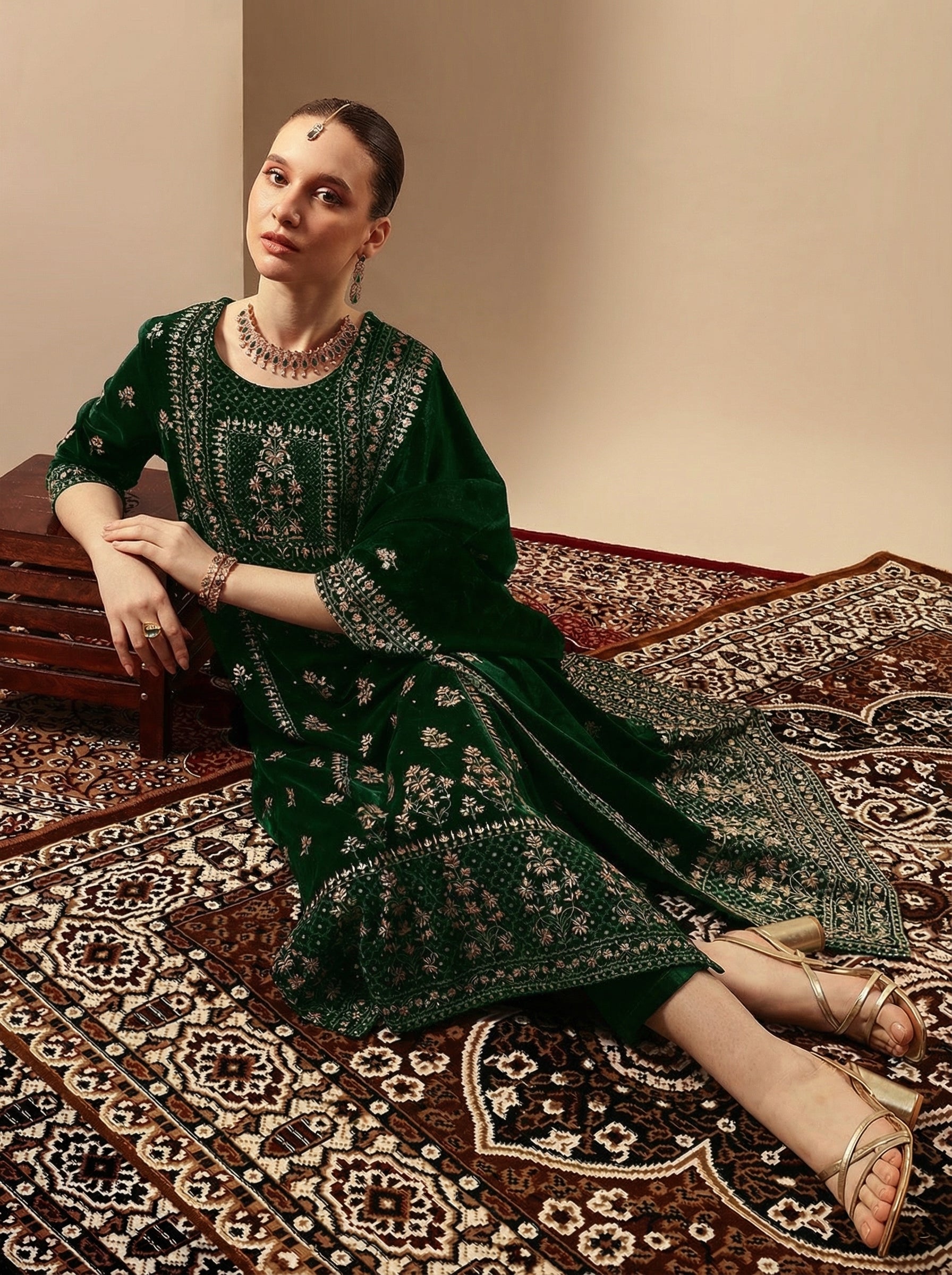 Rich Green Velvet Gold Print Straight Kurta sets with dupatta