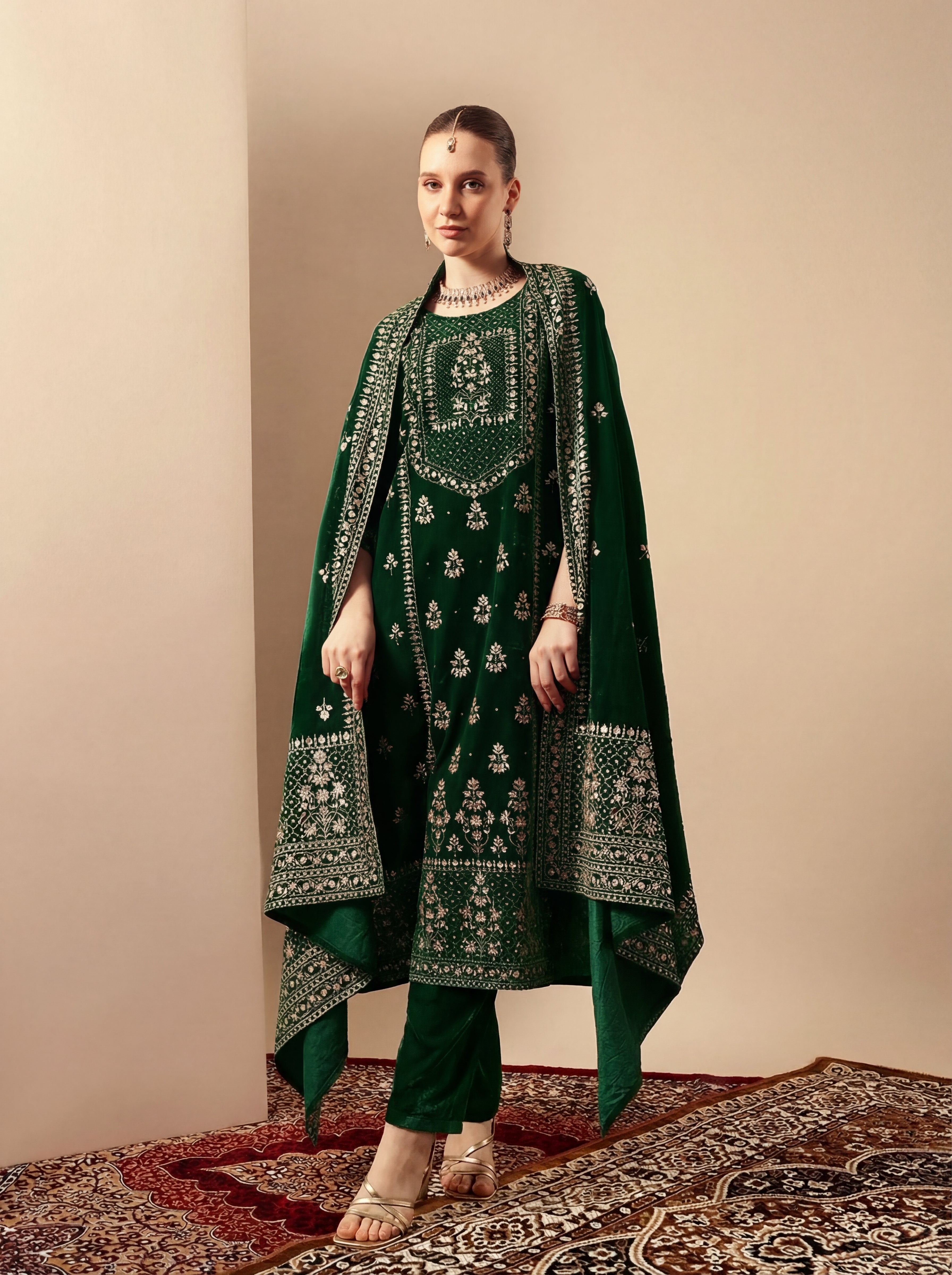 Rich Green Velvet Gold Print Straight Kurta sets with dupatta