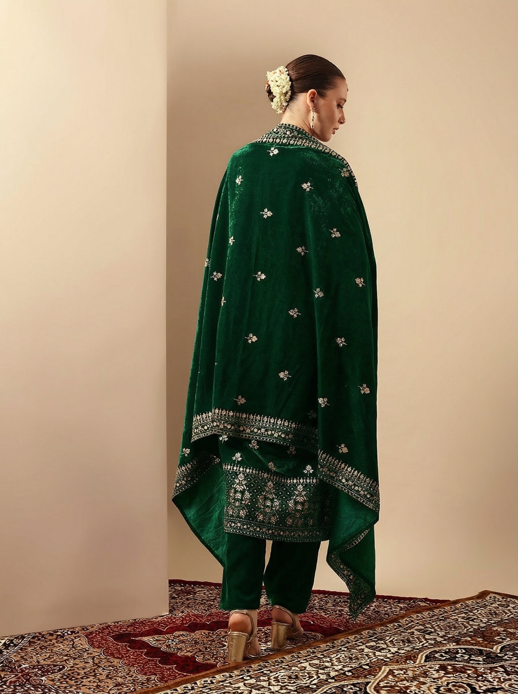 Rich Green Velvet Gold Print Straight Kurta sets with dupatta
