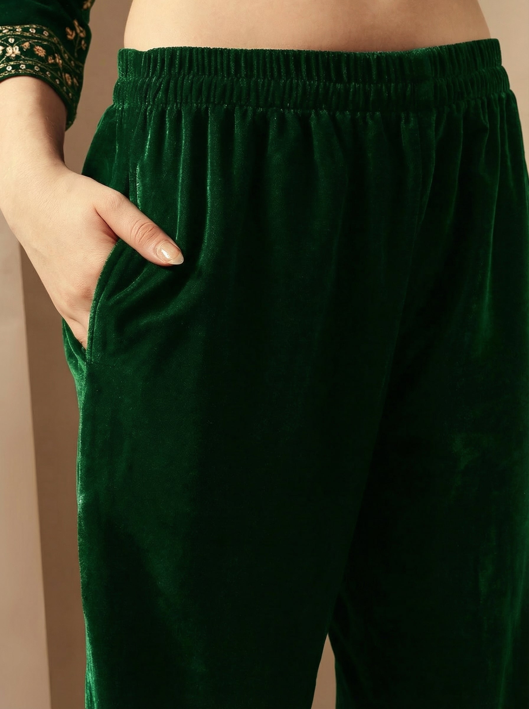 Rich Green Velvet Gold Print Straight Kurta sets with dupatta